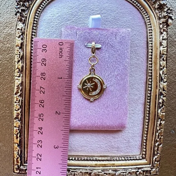 Moon & Star Charm Pendant 18k Gold PVD Stainless Steel Micro Crystals w/ Clasp - Picture 3 of 13